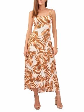 MSK Women Rust White Palm Leaf Print High-Low Sleeveless Boho Midi Dress Large